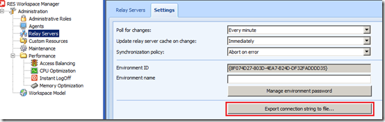Administration - Relay Servers - Settings - Export connection string to file