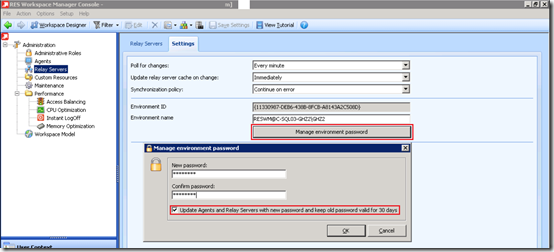 RES Workspace Manager - Relay Servers - Environment Password
